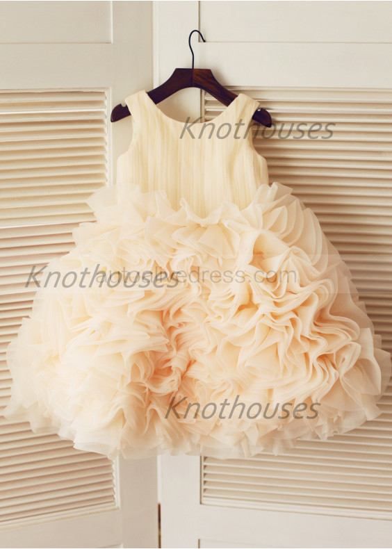 Champagne Pleated Organza Ruffled Knee Length Flower Girl Dress